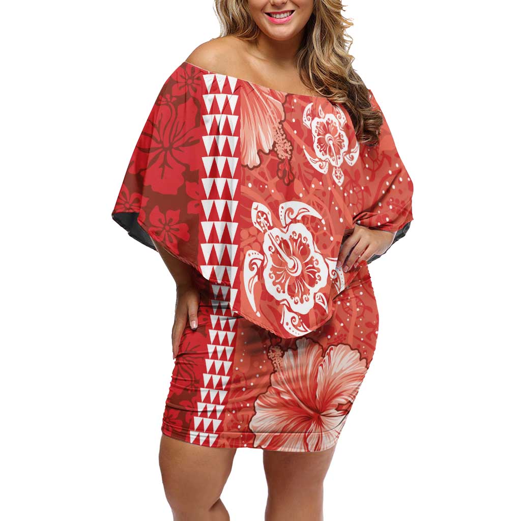 Red Hibiscus Turle Family Matching Off Shoulder Short Dress and Hawaiian Shirt Hawaiian Style Tribal Tapa Pattern