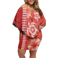 Red Hibiscus Turle Family Matching Off Shoulder Short Dress and Hawaiian Shirt Hawaiian Style Tribal Tapa Pattern