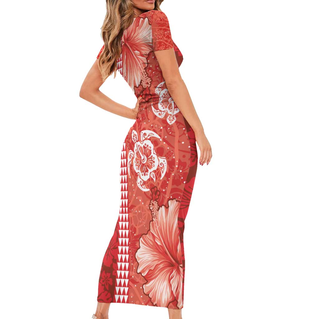 Red Hibiscus Turle Family Matching Short Sleeve Bodycon Dress and Hawaiian Shirt Hawaiian Style Tribal Tapa Pattern
