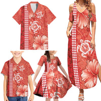 Red Hibiscus Turle Family Matching Summer Maxi Dress and Hawaiian Shirt Hawaiian Style Tribal Tapa Pattern