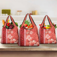 Red Hibiscus Turle Grocery Bag Hawaiian Style Tribal Tapa Pattern