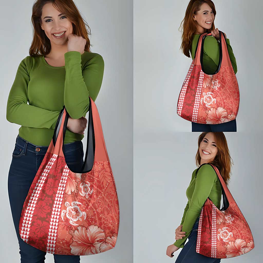 Red Hibiscus Turle Grocery Bag Hawaiian Style Tribal Tapa Pattern