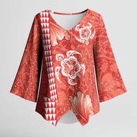 Red Hibiscus Turle Kimono Sleeve Blouse Hawaiian Style Tribal Tapa Pattern - Polynesian Pride