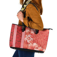 Red Hibiscus Turle Leather Tote Bag Hawaiian Style Tribal Tapa Pattern