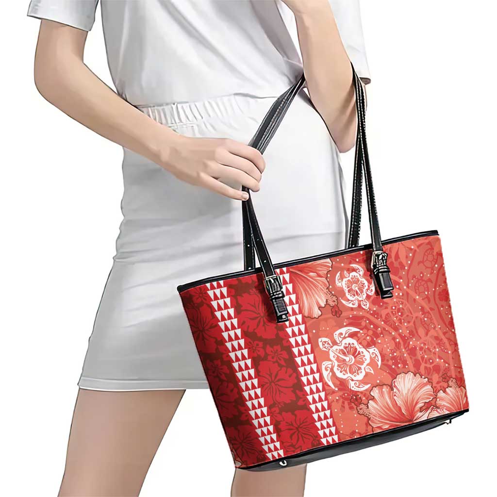 Red Hibiscus Turle Leather Tote Bag Hawaiian Style Tribal Tapa Pattern