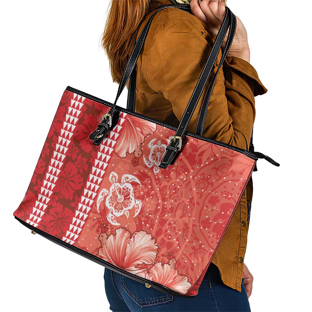 Red Hibiscus Turle Leather Tote Bag Hawaiian Style Tribal Tapa Pattern