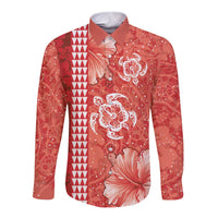 Red Hibiscus Turle Long Sleeve Button Shirt Hawaiian Style Tribal Tapa Pattern