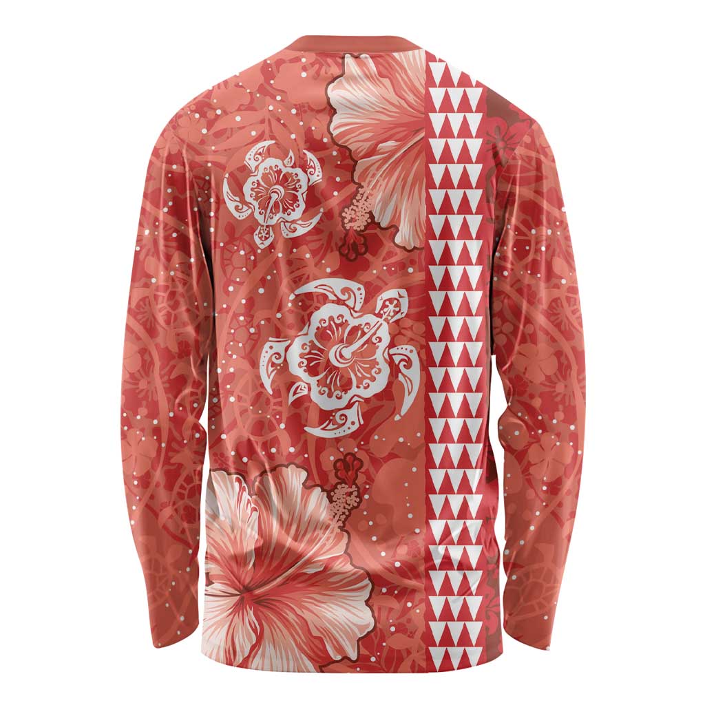 Red Hibiscus Turle Long Sleeve Shirt Hawaiian Style Tribal Tapa Pattern