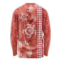 Red Hibiscus Turle Long Sleeve Shirt Hawaiian Style Tribal Tapa Pattern