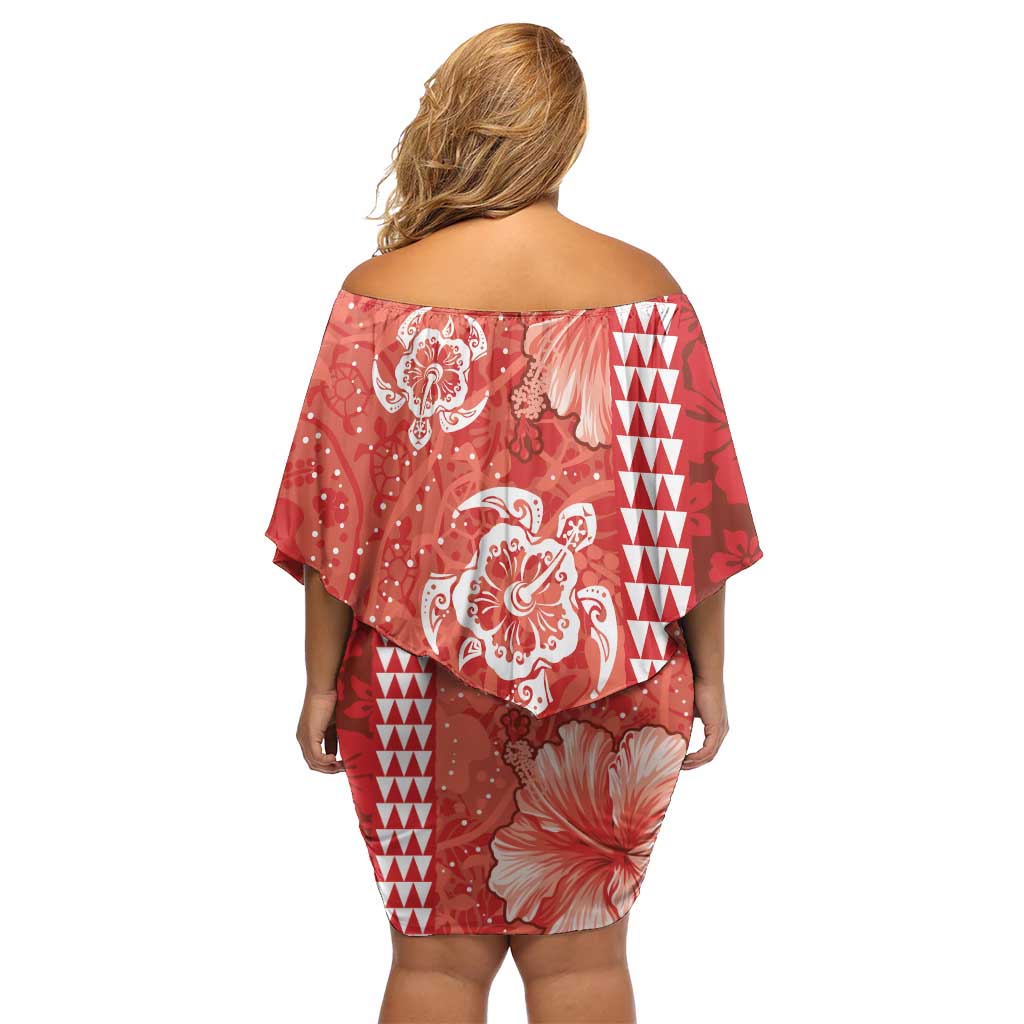 Red Hibiscus Turle Off Shoulder Short Dress Hawaiian Style Tribal Tapa Pattern
