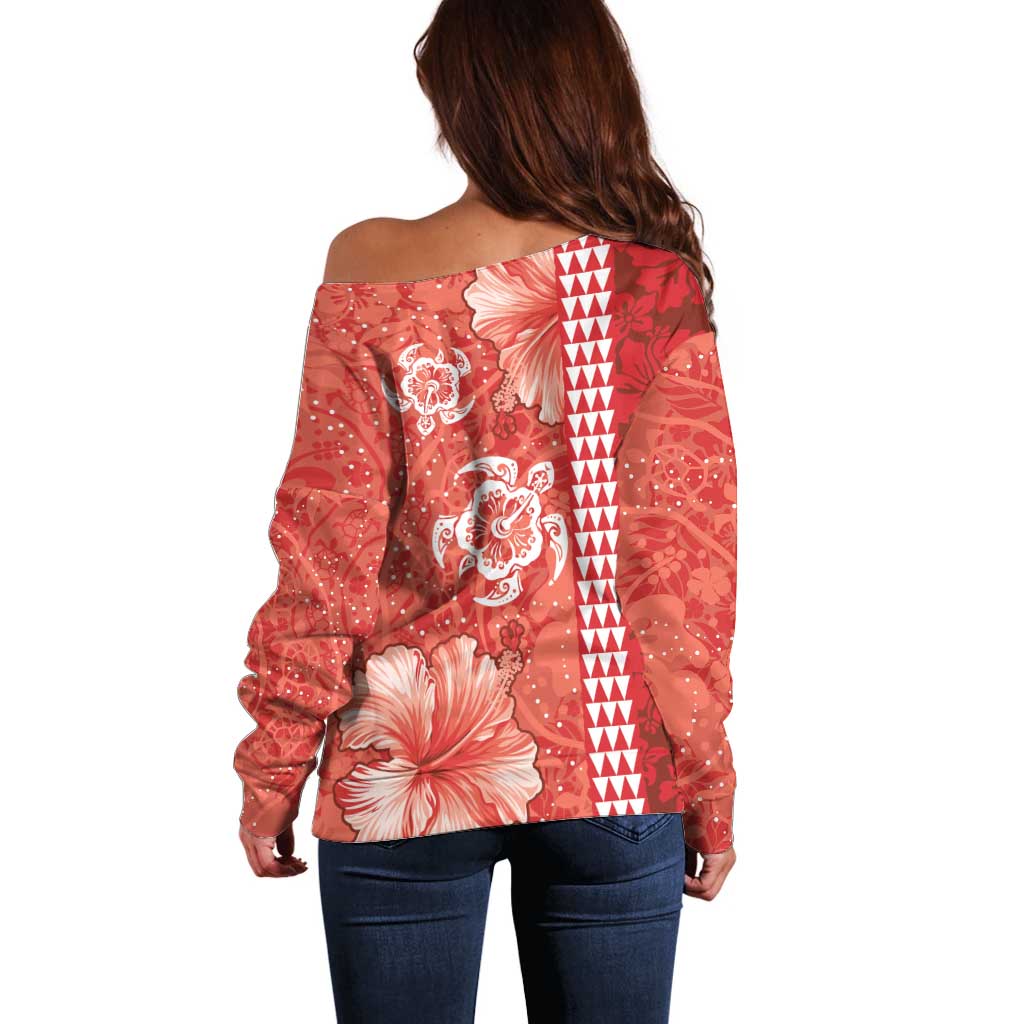 Red Hibiscus Turle Off Shoulder Sweater Hawaiian Style Tribal Tapa Pattern