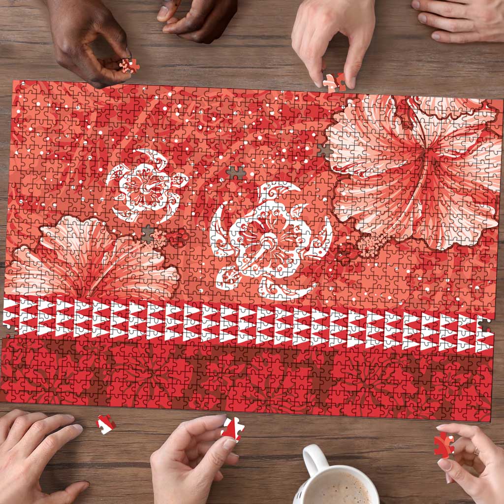 Red Hibiscus Turle Puzzle Hawaiian Style Tribal Tapa Pattern - Polynesian Pride