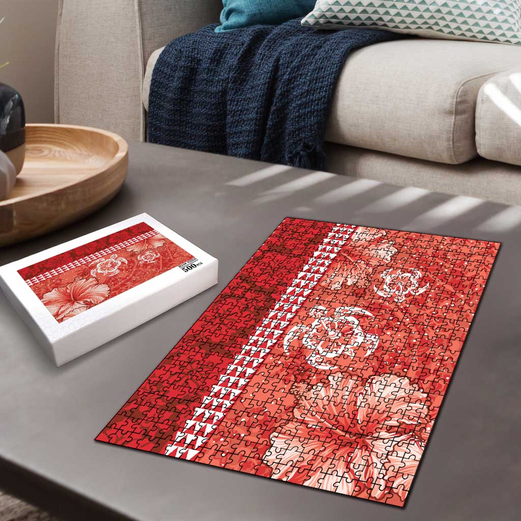 Red Hibiscus Turle Puzzle Hawaiian Style Tribal Tapa Pattern - Polynesian Pride