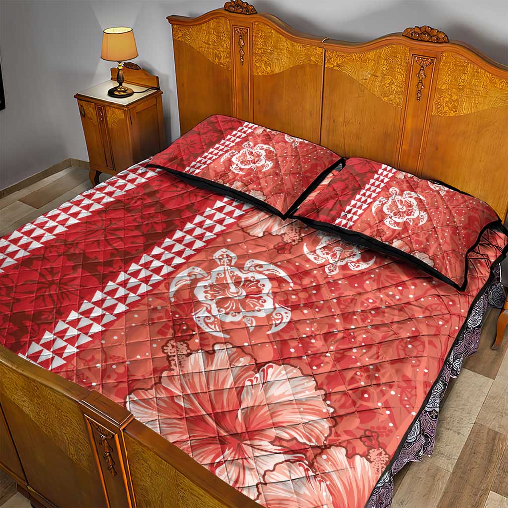 Red Hibiscus Turle Quilt Bed Set Hawaiian Style Tribal Tapa Pattern