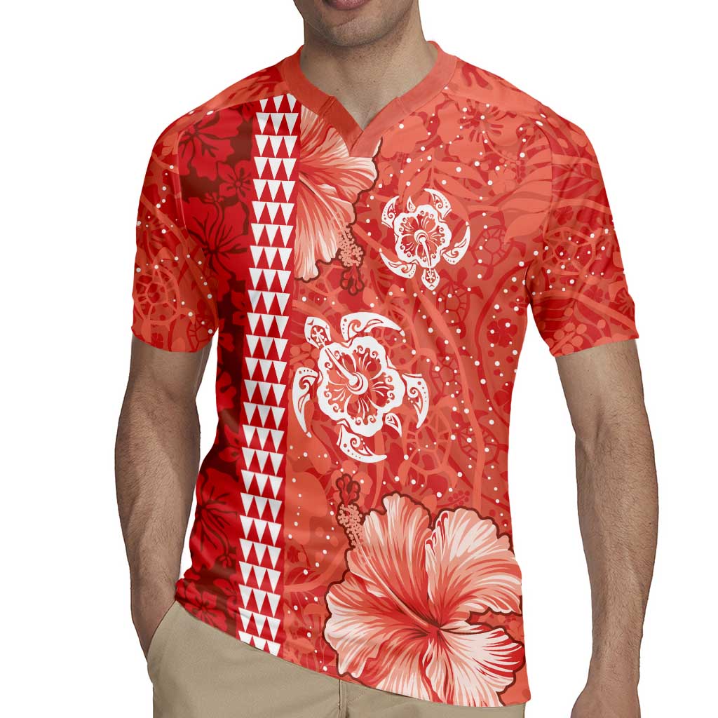 Red Hibiscus Turle Rugby Jersey Hawaiian Style Tribal Tapa Pattern