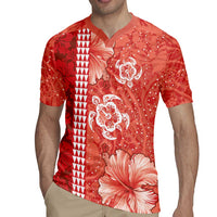 Red Hibiscus Turle Rugby Jersey Hawaiian Style Tribal Tapa Pattern