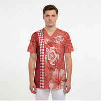 Red Hibiscus Turle Scrub Top Hawaiian Style Tribal Tapa Pattern - Polynesian Pride