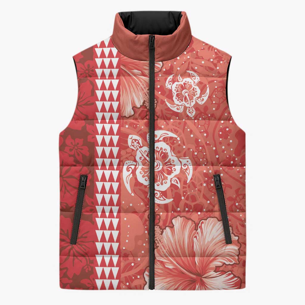Red Hibiscus Turle Sleeveless Puffer Jacket Hawaiian Style Tribal Tapa Pattern - Polynesian Pride