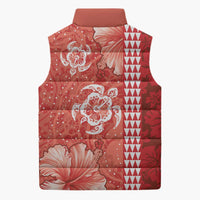 Red Hibiscus Turle Sleeveless Puffer Jacket Hawaiian Style Tribal Tapa Pattern - Polynesian Pride