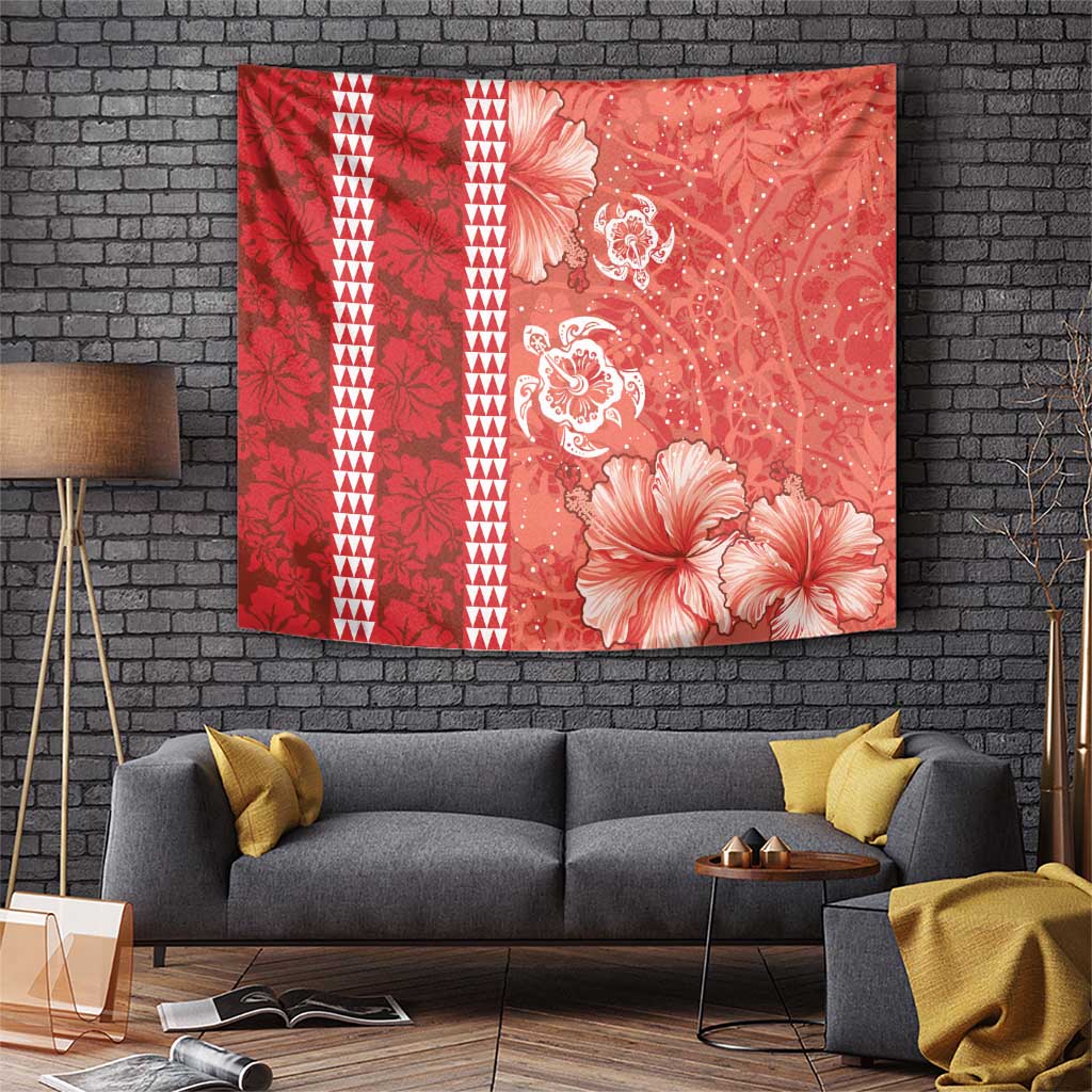 Red Hibiscus Turle Tapestry Hawaiian Style Tribal Tapa Pattern