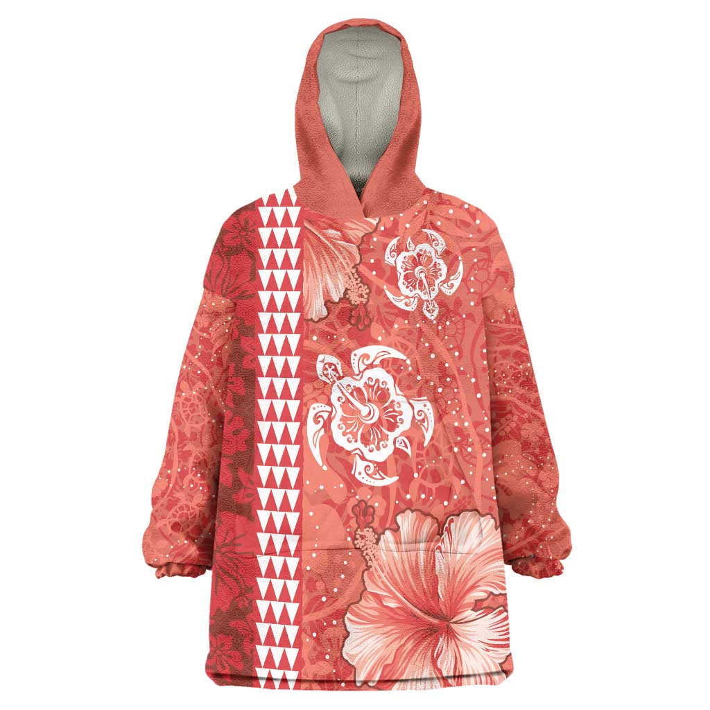 Red Hibiscus Turle Wearable Blanket Hoodie Hawaiian Style Tribal Tapa Pattern