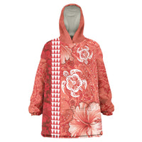 Red Hibiscus Turle Wearable Blanket Hoodie Hawaiian Style Tribal Tapa Pattern