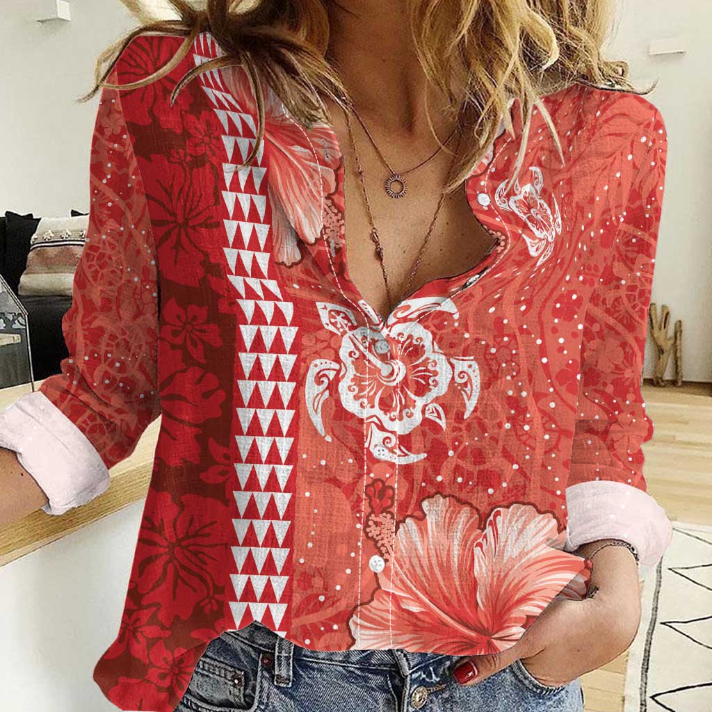 Red Hibiscus Turle Women Casual Shirt Hawaiian Style Tribal Tapa Pattern