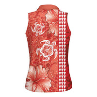 Red Hibiscus Turle Women Sleeveless Polo Shirt Hawaiian Style Tribal Tapa Pattern