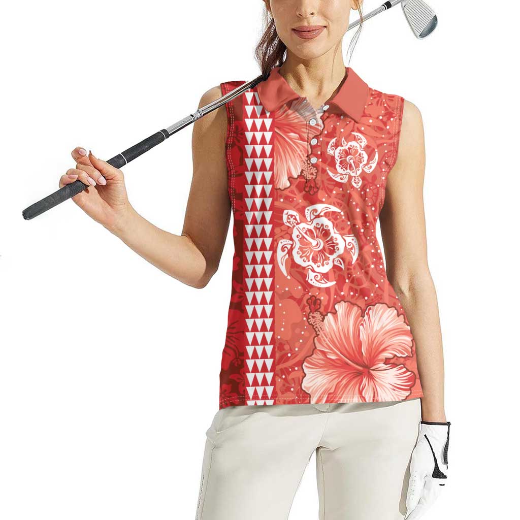 Red Hibiscus Turle Women Sleeveless Polo Shirt Hawaiian Style Tribal Tapa Pattern