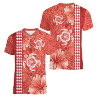 Red Hibiscus Turle Women V-Neck T-Shirt Hawaiian Style Tribal Tapa Pattern