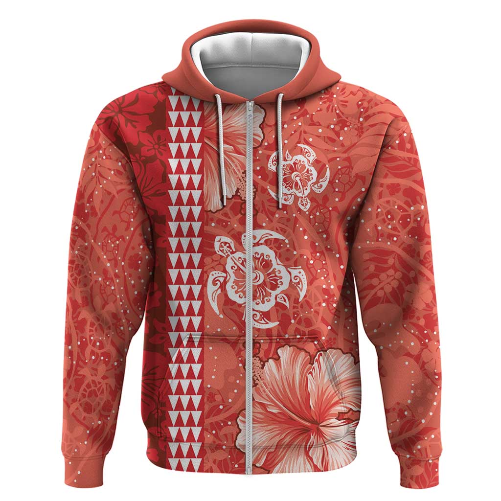 Red Hibiscus Turle Zip Hoodie Hawaiian Style Tribal Tapa Pattern