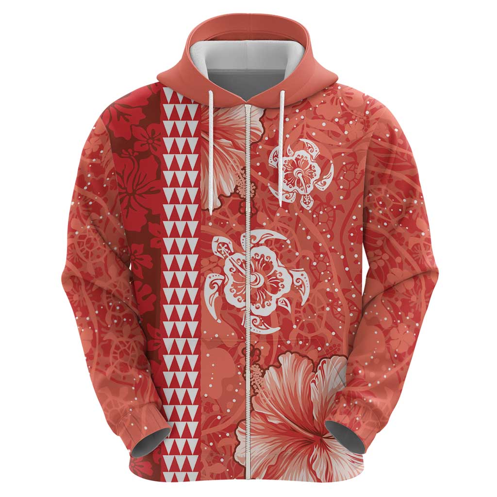 Red Hibiscus Turle Zip Hoodie Hawaiian Style Tribal Tapa Pattern