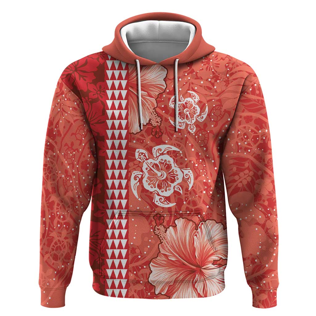 Red Hibiscus Turle Zip Hoodie Hawaiian Style Tribal Tapa Pattern