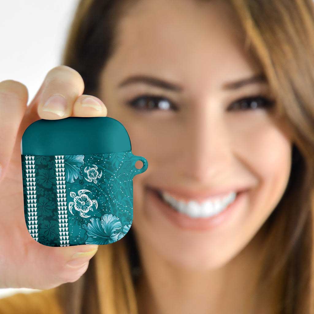 Teal Hibiscus Turle AirPods Case Hawaiian Style Tribal Tapa Pattern - Polynesian Pride