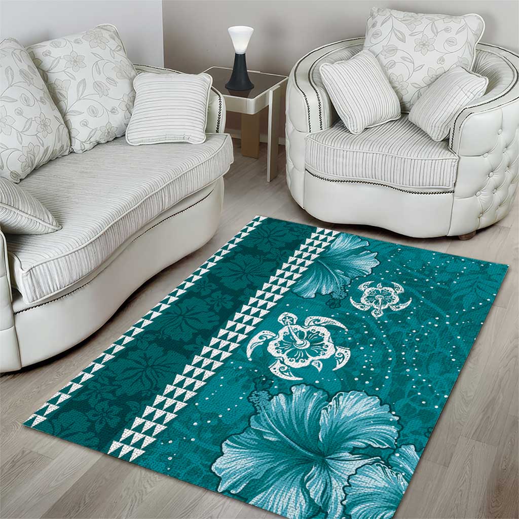Teal Hibiscus Turle Area Rug Hawaiian Style Tribal Tapa Pattern