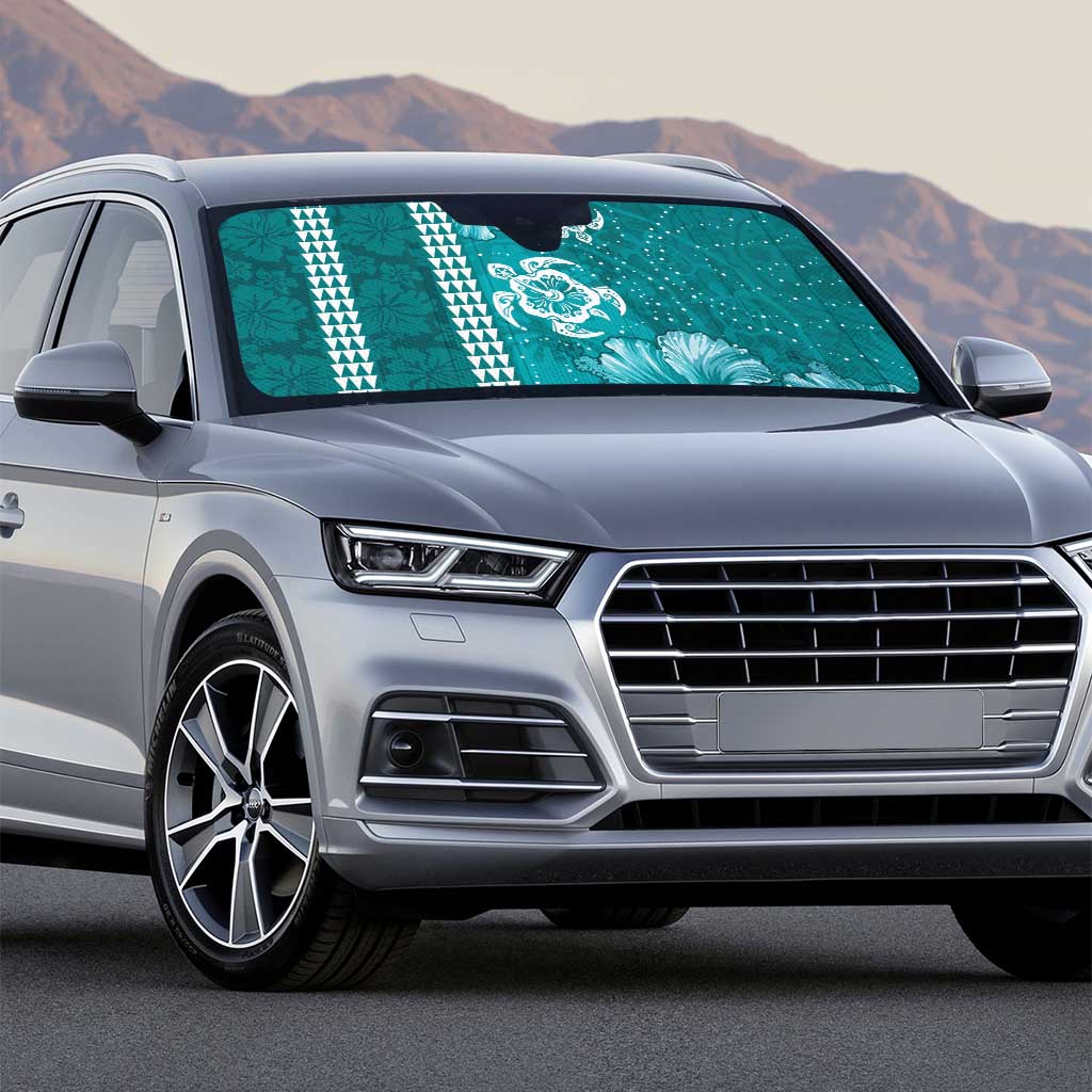 Teal Hibiscus Turle Auto Sun Shade Hawaiian Style Tribal Tapa Pattern - Polynesian Pride