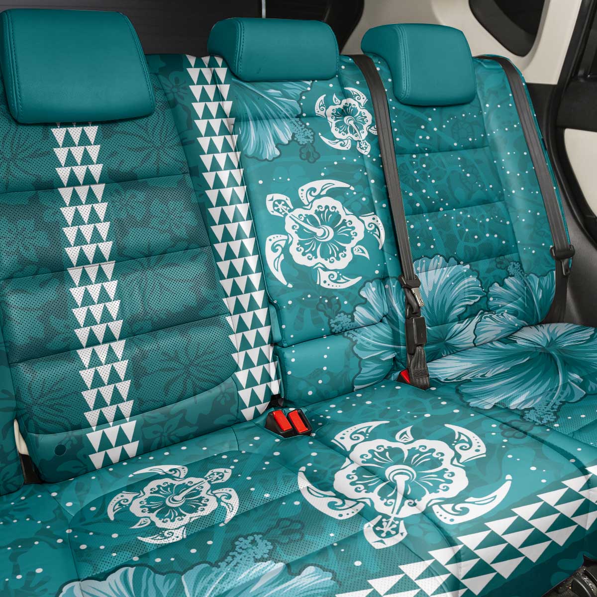 Teal Hibiscus Turle Back Car Seat Cover Hawaiian Style Tribal Tapa Pattern
