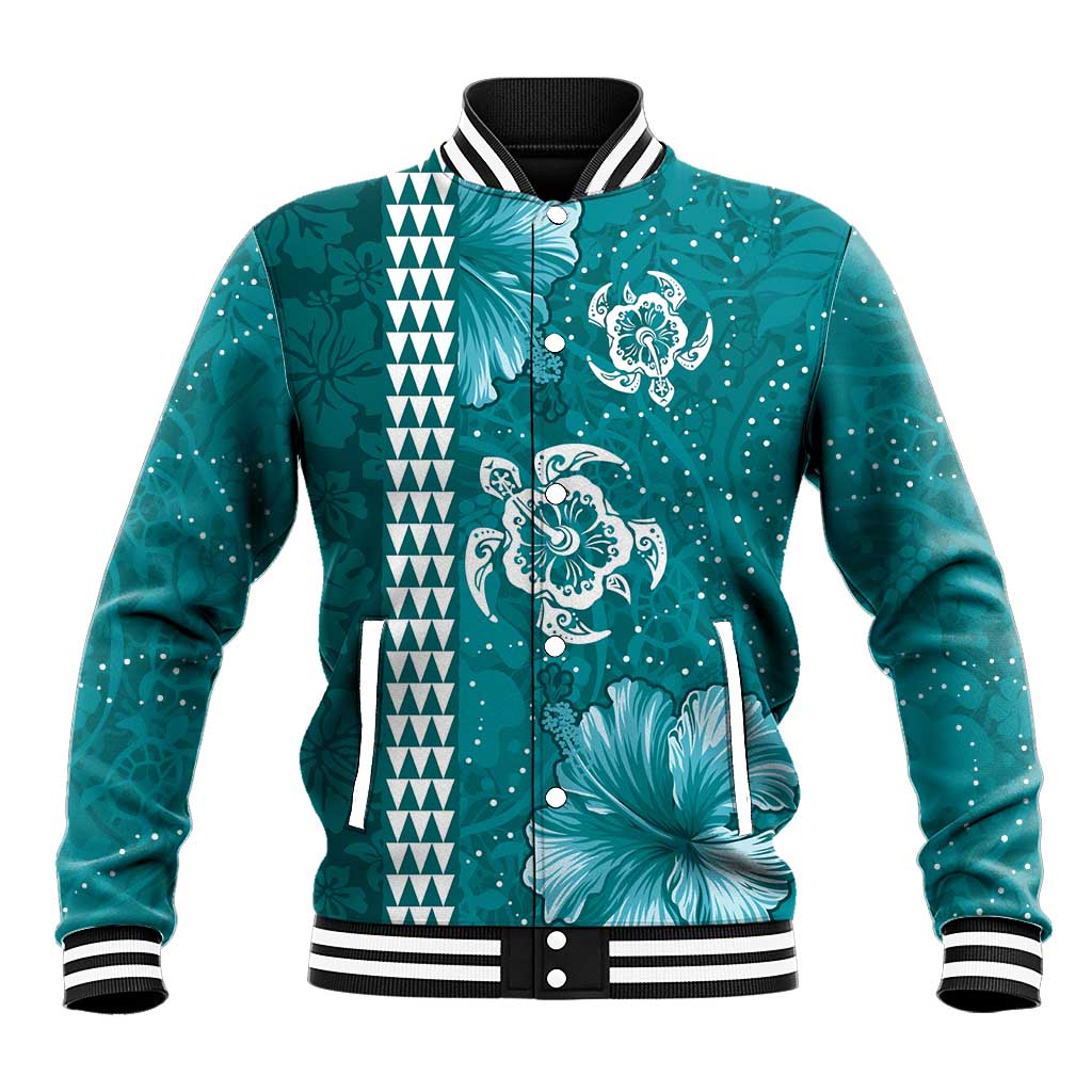 Teal Hibiscus Turle Baseball Jacket Hawaiian Style Tribal Tapa Pattern