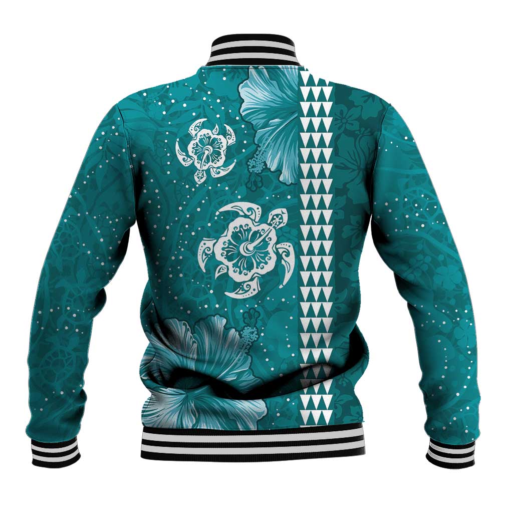 Teal Hibiscus Turle Baseball Jacket Hawaiian Style Tribal Tapa Pattern