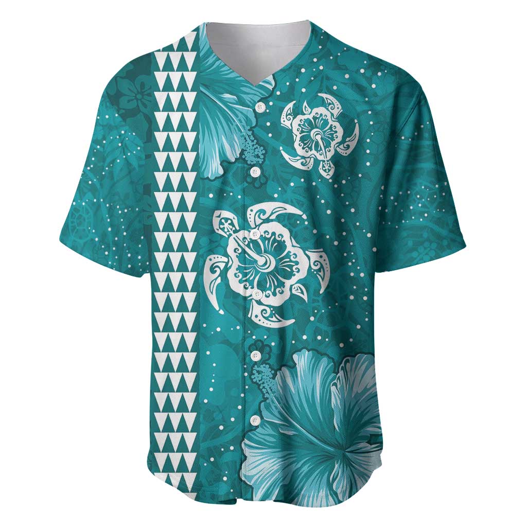 Teal Hibiscus Turle Baseball Jersey Hawaiian Style Tribal Tapa Pattern