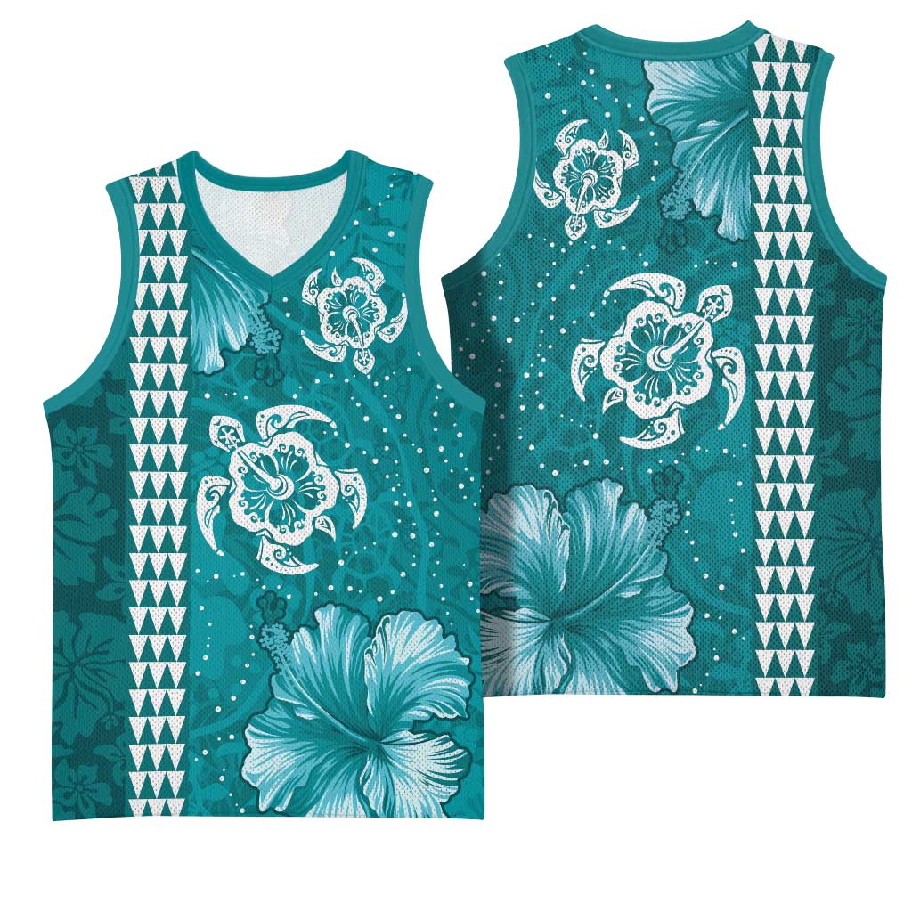 Teal Hibiscus Turle Basketball Jersey Hawaiian Style Tribal Tapa Pattern - Polynesian Pride