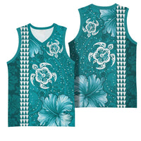 Teal Hibiscus Turle Basketball Jersey Hawaiian Style Tribal Tapa Pattern - Polynesian Pride