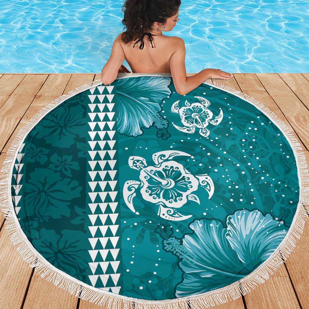 Teal Hibiscus Turle Beach Blanket Hawaiian Style Tribal Tapa Pattern
