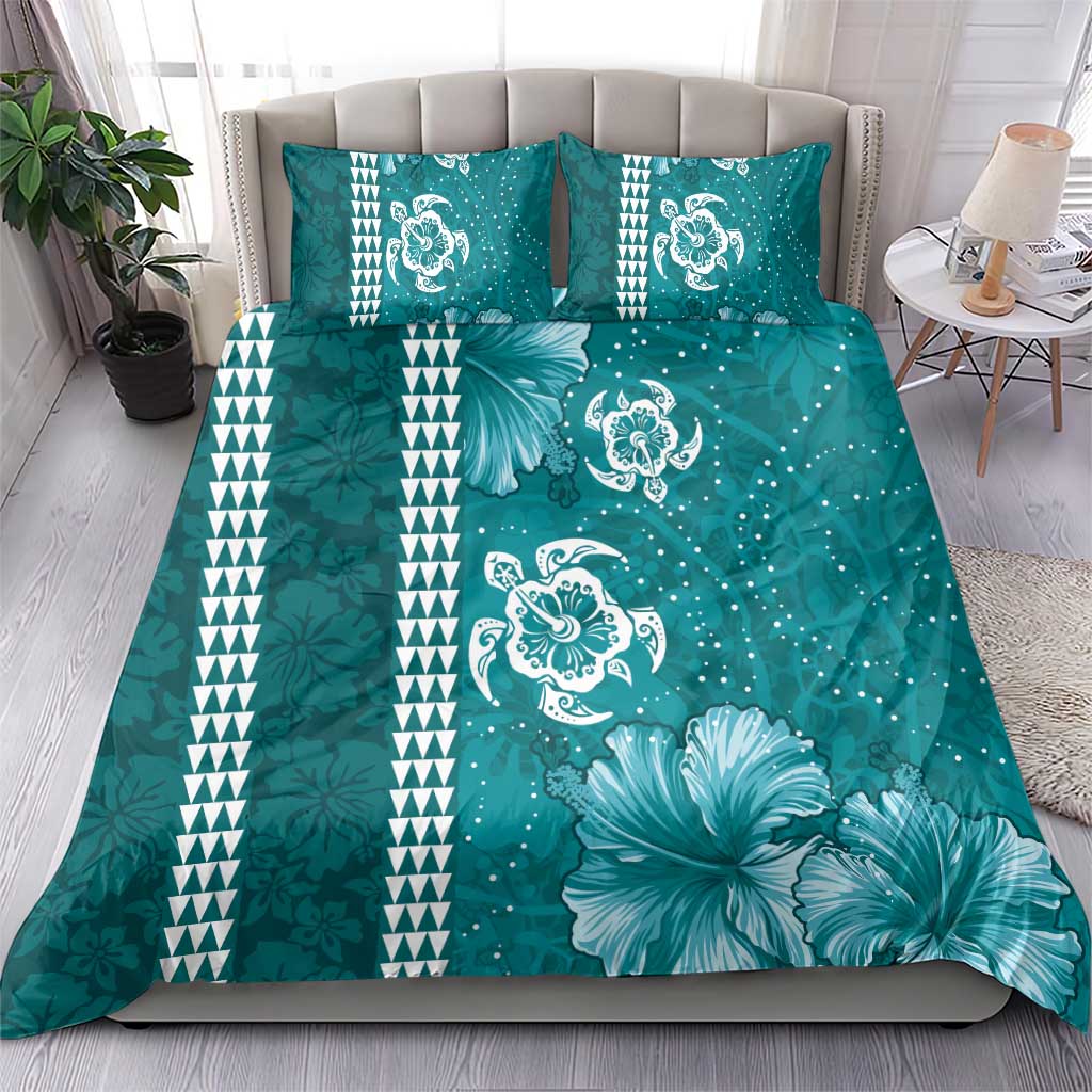 Teal Hibiscus Turle Bedding Set Hawaiian Style Tribal Tapa Pattern