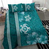 Teal Hibiscus Turle Bedding Set Hawaiian Style Tribal Tapa Pattern