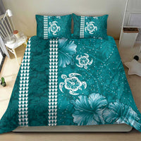 Teal Hibiscus Turle Bedding Set Hawaiian Style Tribal Tapa Pattern