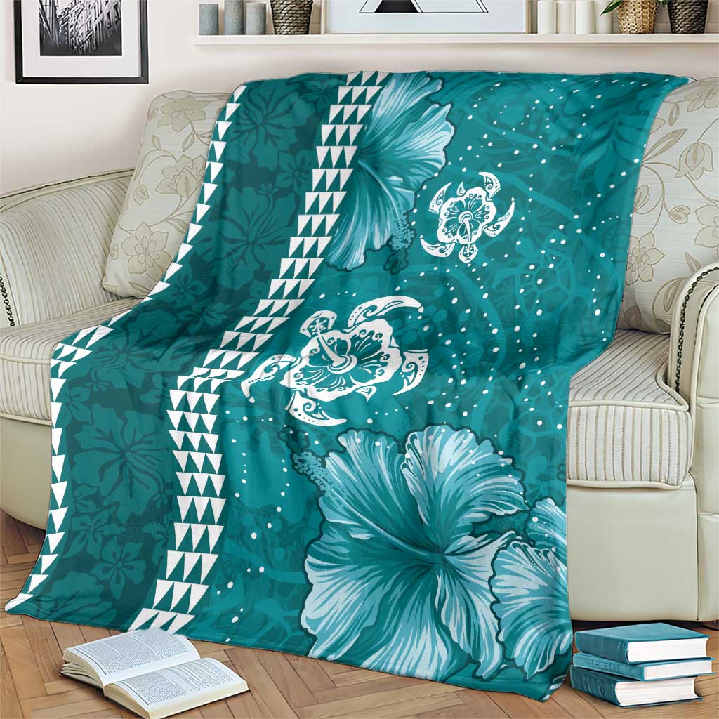 Teal Hibiscus Turle Blanket Hawaiian Style Tribal Tapa Pattern