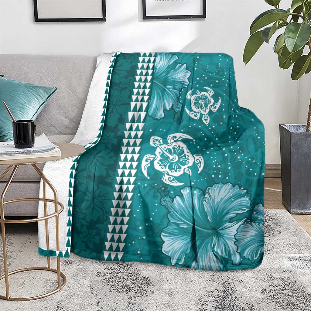 Teal Hibiscus Turle Blanket Hawaiian Style Tribal Tapa Pattern