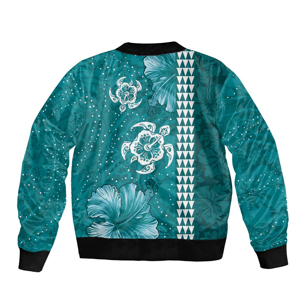 Teal Hibiscus Turle Bomber Jacket Hawaiian Style Tribal Tapa Pattern