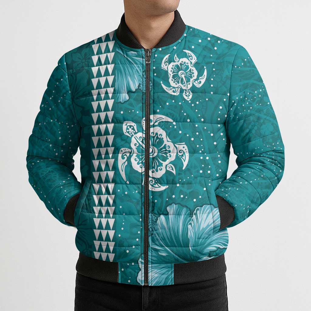 Teal Hibiscus Turle Bomber Puffer Jacket Hawaiian Style Tribal Tapa Pattern - Polynesian Pride